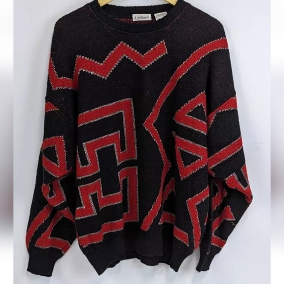 Retro Cacharel Knit Sweater, 90's Geometric Coogi Style Pattern Knit Sweater - Picture 5 of 11